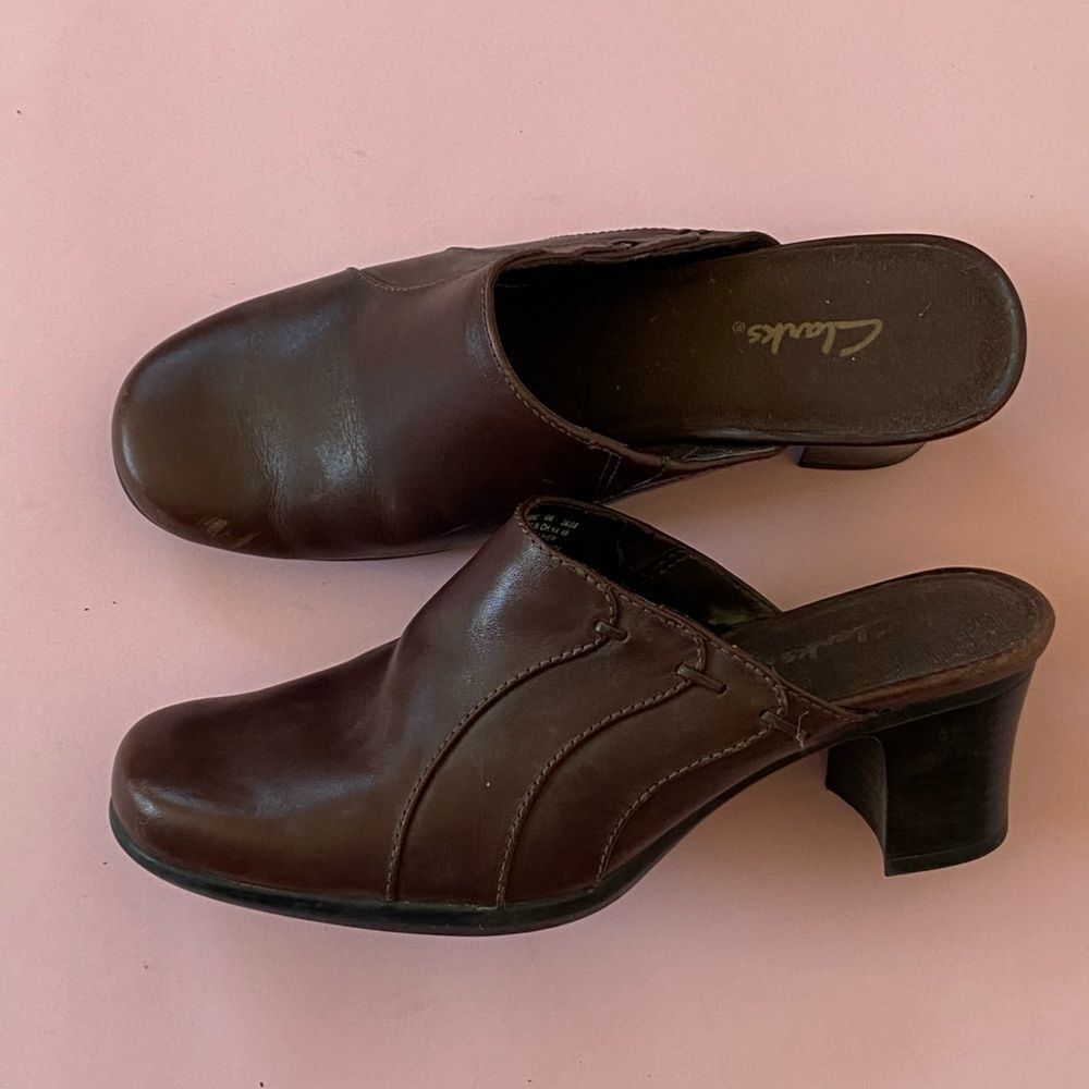 Clark Leather Brown Slide On Mule Heels Size 6